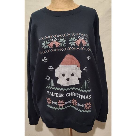 MALTESE CHRISTMAS long sleeve sweatshirt. Size XL. Navy blue w faux crossstitch. - Picture 1 of 3